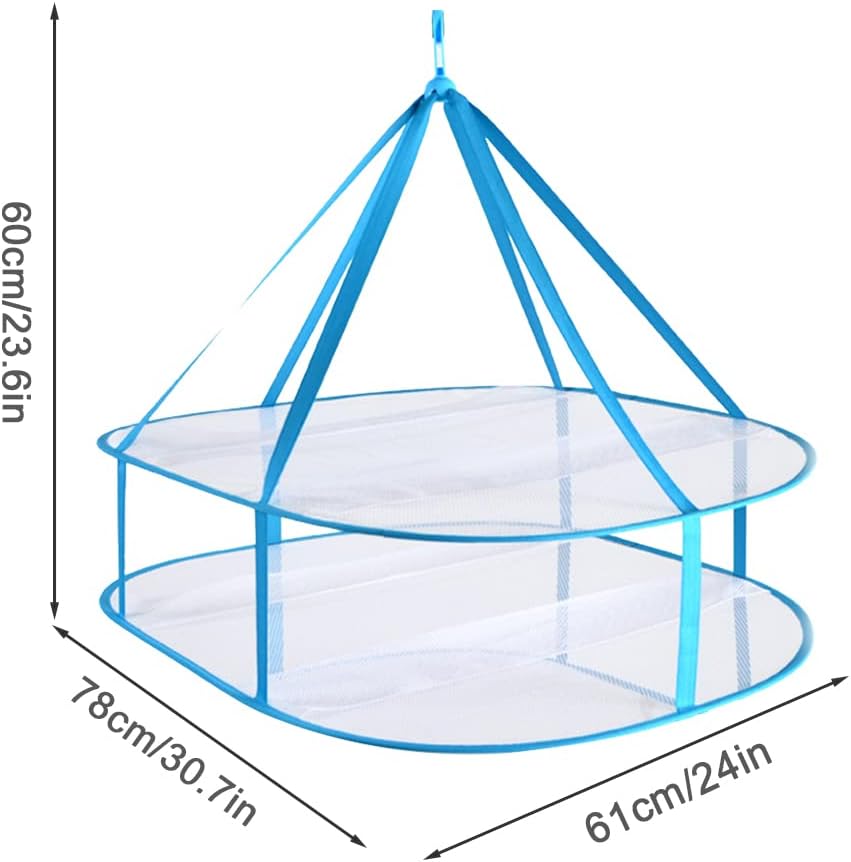 2 Tier Folded Mesh Clothes Hanging Dryer Sweater Drying Rack,Windproof Laundry Drying Rack,Foldable Hanging Mesh Dryer for Underwear Lingerie Sweater Outdoor, Indoor(blue,size:30.7x24x23.6inch)