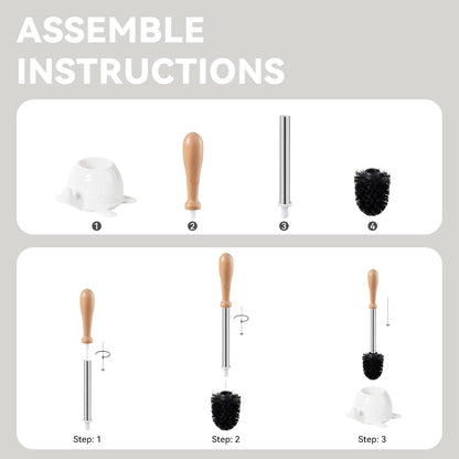 Toilet Brush and Holder Set, Ceramic Turtle Base Toilet Brush Set - 7.5” Bowl Cleaner, Toilet Scrubber Brush with Ergonomic Handle (Silver)