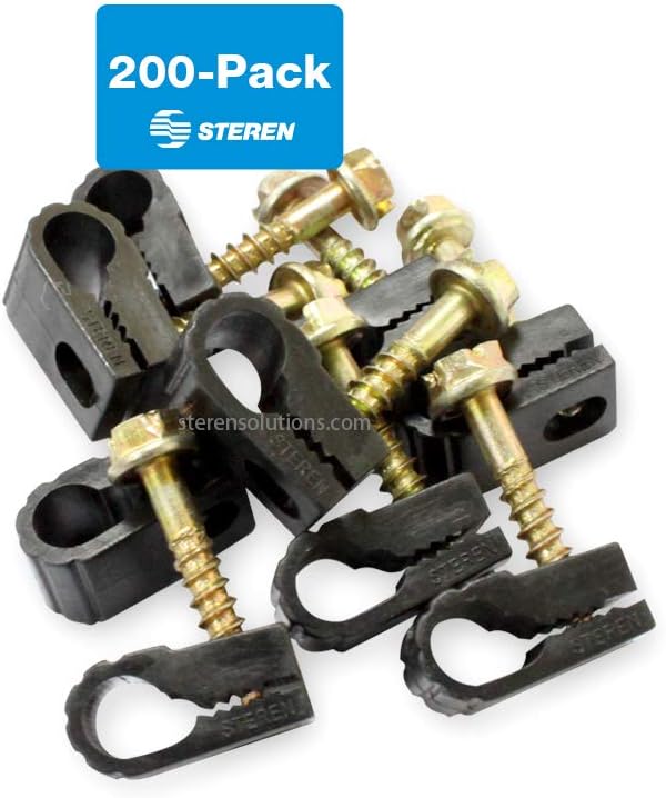 STEREN Coaxial Cable Clips - Cable Holder - Wire Clips - Siding Clips For Hanging - Cord Holder For Desk - Cable Clamps - Cord Clip - Wire Organizer Clips - Tv Mount Screws - Black - 100 Pack