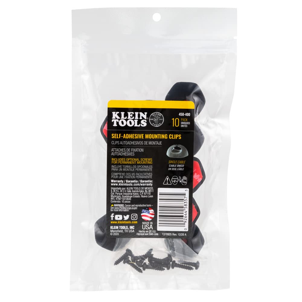 Klein Tools 450-410 Cable Clips, Made in USA, Self-Adhesive 3-Slot Cable, Cord Management Mounting Clips, Optional Screw for Permanent Mounting, 10-Pack