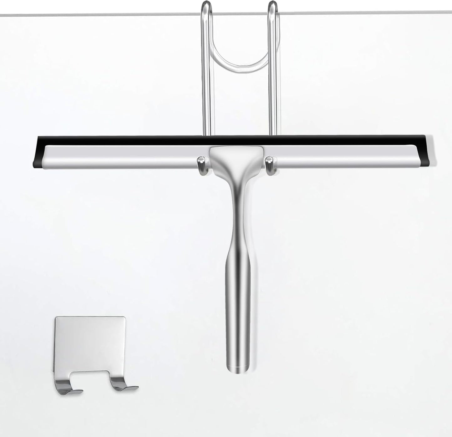 10" Stainless Steel Shower Squeegee for Shower Glass with Adhesive Hook for Cleaning Bathroom Glass Doors Car Window Mirrors and Tile Wall (Matte Black + Hook)