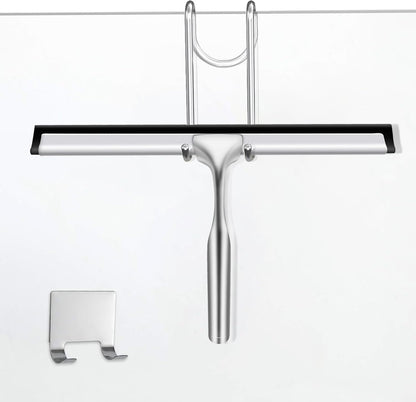 10" Stainless Steel Shower Squeegee for Shower Glass with Adhesive Hook for Cleaning Bathroom Glass Doors Car Window Mirrors and Tile Wall (Matte Black + Hook)