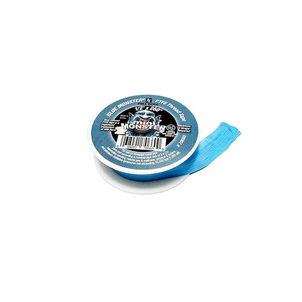Millrose 70660 Monster Roll PTFE Thread Seal Tape, 1/2-Inch x 260-Inch, Blue | Dense blue PTFE tape seals threaded plumbing connections; 1/2 in width and 260 in length for water, air, and general service.