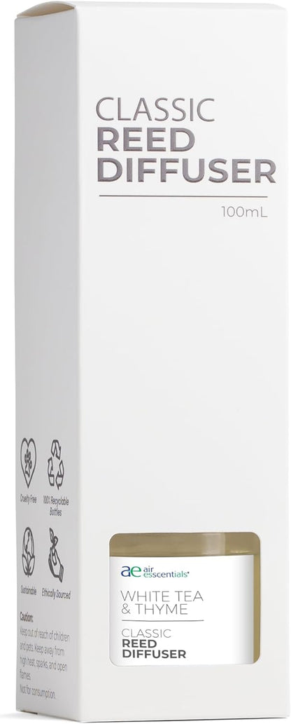 Air Esscentials Classic White Tea & Thyme Reed Diffuser Set - Decorative Fragrance Diffuser & Oil for Bathroom & Home | Long-Lasting Aroma | Natural Scent Sticks | Essential Oils & Botanicals| 100mL