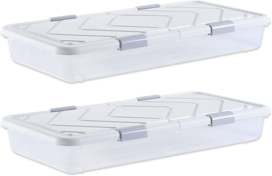 VEVOR Under Bed Storage with Wheels, 39.8 x 20.1 x 5.9 inch Underbed Containers, Underbed Shoes Organizer with Lid & Gray Latch, Rolling Under the Bed Storage Bins for Clothes Shoes Blankets, 2 Pack