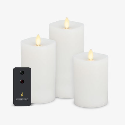 Luminara Realistic Flameless LED Set of 3 Ivory Pillar Candles, Home Safe Moving Flame Melted Top Illumination, Battery Operated Remote Control w/Timer