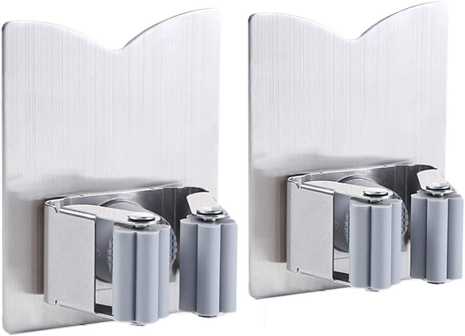 HANZE 2 Pack Stainless Steel Mop Broom Holder Organizer, Self Adhesive Wall Mounted Mop Organizer Storage Rack Clip for Kitchen Bathroom and Garage (Rectangle, Large)