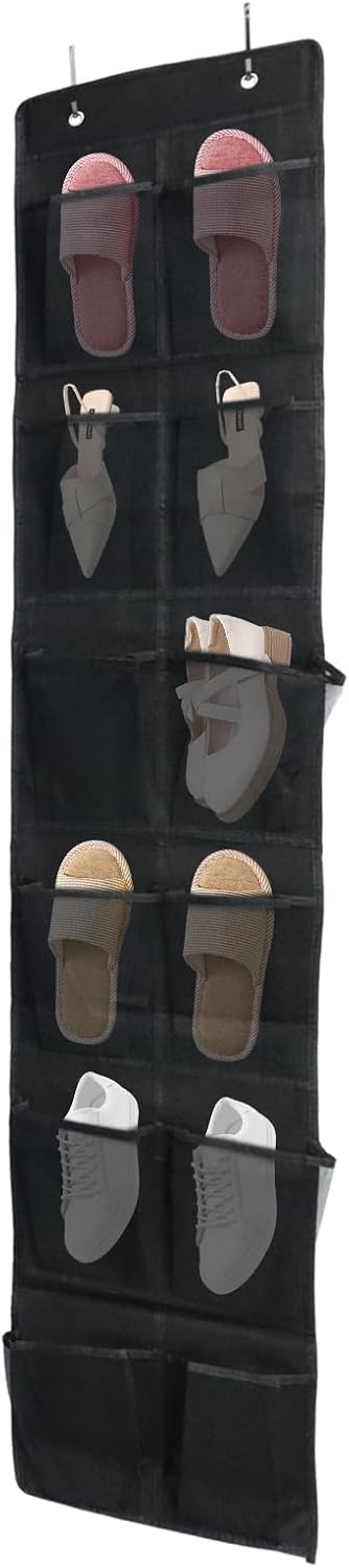 Over the Door Shoe Organizer, 12 Mesh Pockets Hanging Shoe Organizer with 4 Metal Hooks (Black)