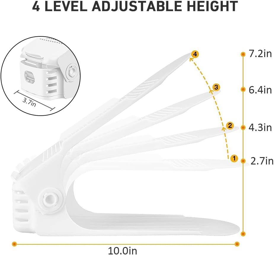 NVGSN Shoe Slots Organizer 20 Pack - Shoe Stackers, Space Savers 50%, 4 Levels Adjustable, Double Layer Holders for Closet, White