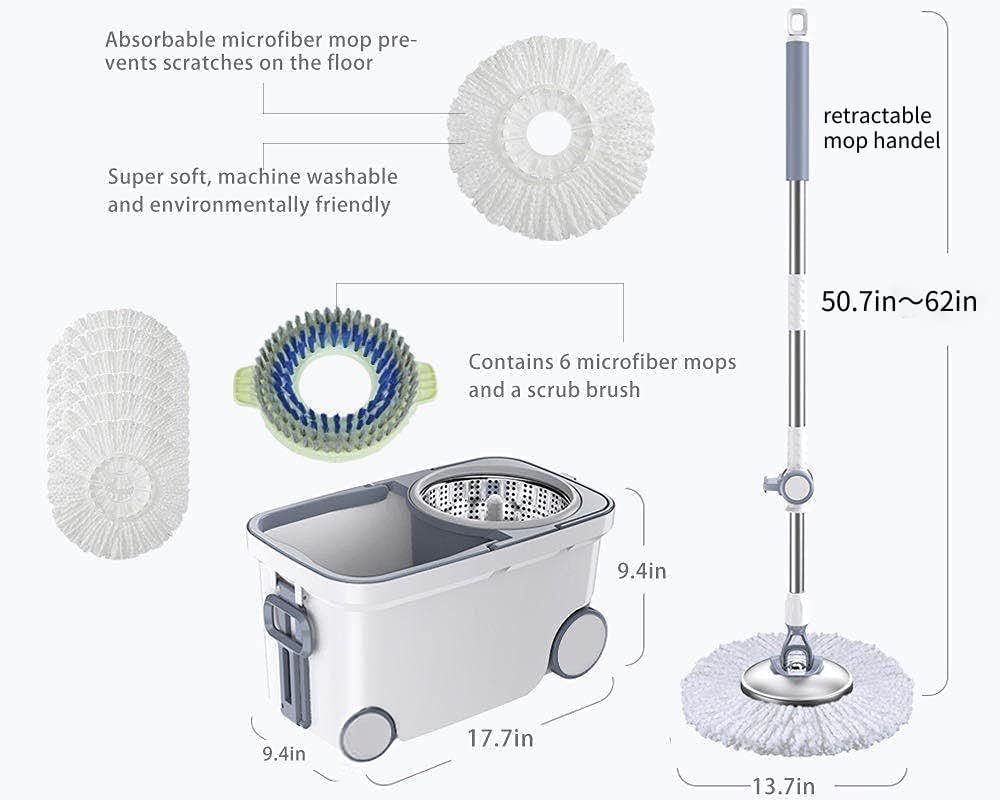 Michao Spin Mop Bucket Deluxe 360 Spinning Floor Cleaning System with 6 Microfiber Replacement Head Refills,62" Extended Handle,4X Wheel for Home Cleaning
