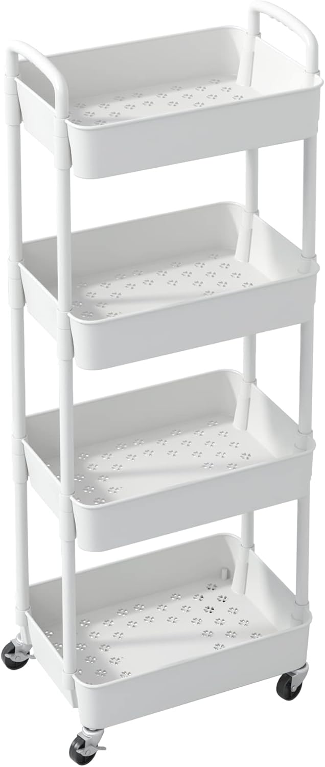 Sywhitta 4-Tier Plastic Rolling Utility Cart with Handle, Multi-Functional Storage Trolley for Office, Living Room, Kitchen, Movable Storage Organizer with Wheels, Black