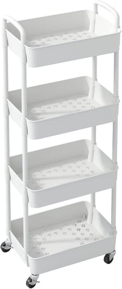 Sywhitta 4-Tier Plastic Rolling Utility Cart with Handle, Multi-Functional Storage Trolley for Office, Living Room, Kitchen, Movable Storage Organizer with Wheels, Black