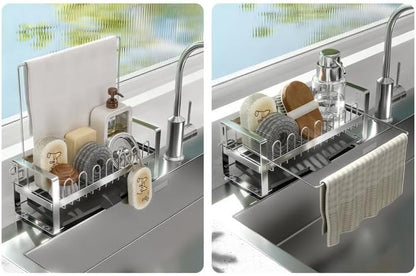 Sponge Holder for Kitchen Sink,Suction Cup 304 Stainless Steel Sink Caddy with Dishcloth Holder, Self Drain Tray Sink Oragnizer for Countertop, Soap Dispenser Storage