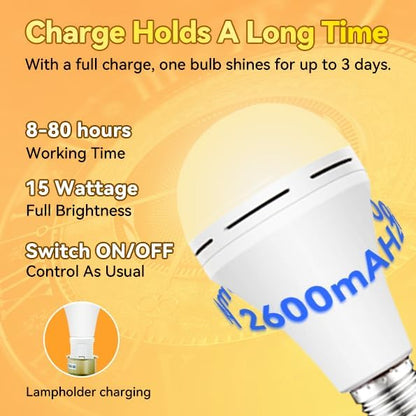 Neporal 4 Pack Emergency-Rechargeable-Light-Bulb, Stay Lights Up When Power Failure, 1500mAh 15W 80W Equivalent LED Light Bulbs for Home, Camping, Tent (E27, with Hook) (Daylight)