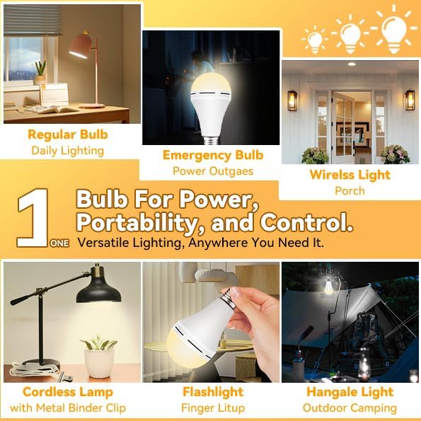 Neporal 4 Pack Emergency-Rechargeable-Light-Bulb, Stay Lights Up When Power Failure, 1500mAh 15W 80W Equivalent LED Light Bulbs for Home, Camping, Tent (E27, with Hook) (Daylight)