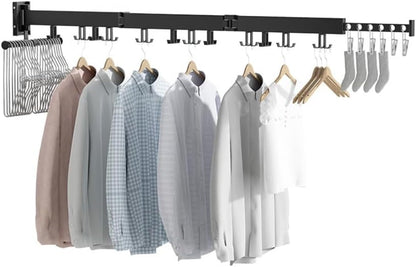 Clothes Drying Rack Wall Mounted Retractable, Aluminum Collapsible Laundry Organizer, Space-Saver Hanger Holds Quilts for Bedroom Bathroom Balcony (Grey)