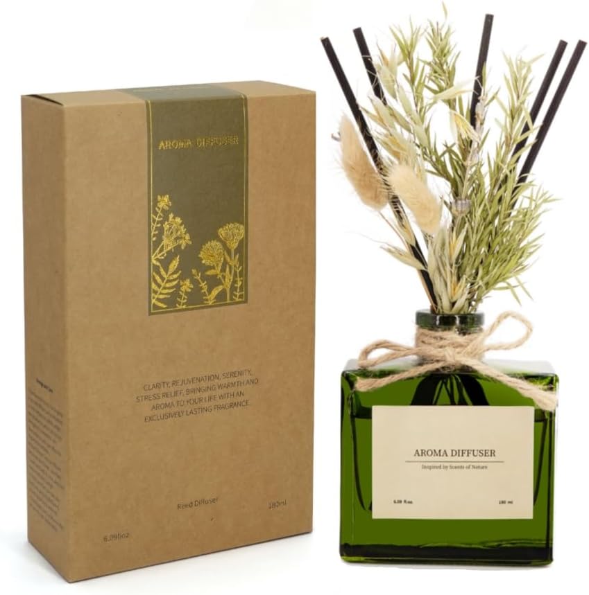 Reed Diffuser, 6.09 oz Earthy Sandalwood Scent Diffuser with Sticks & Dried Flowers, 120 Days Long Lasting diffusers for Home, Elegant Fragrance for Bathroom Bedroom Office Decor Air Fresh