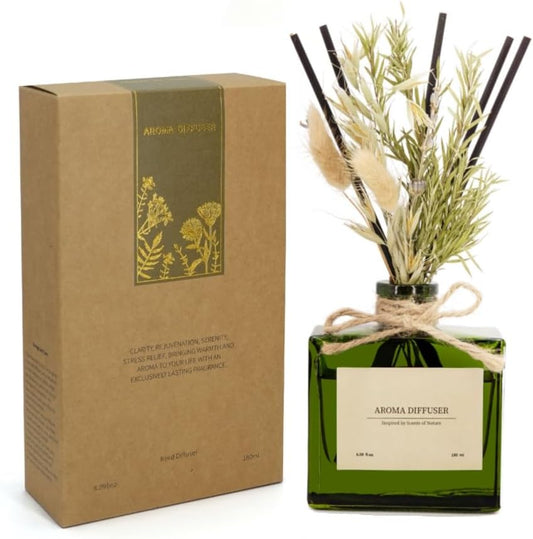 Reed Diffuser, 6.09 oz Earthy Sandalwood Scent Diffuser with Sticks & Dried Flowers, 120 Days Long Lasting diffusers for Home, Elegant Fragrance for Bathroom Bedroom Office Decor Air Fresh