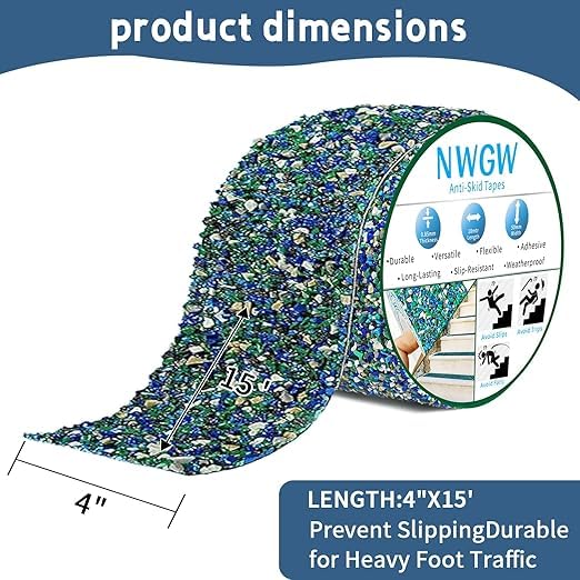 Waterproof Tape for Pools, 2" x15FT Heavy Duty Anti Slip Stair Treads Outdoor Tape Non-Slip Rubber Grip Tape Shower Strips Slip Resistant Tape Traction Tape for Stairs Showers Bathroom Trails