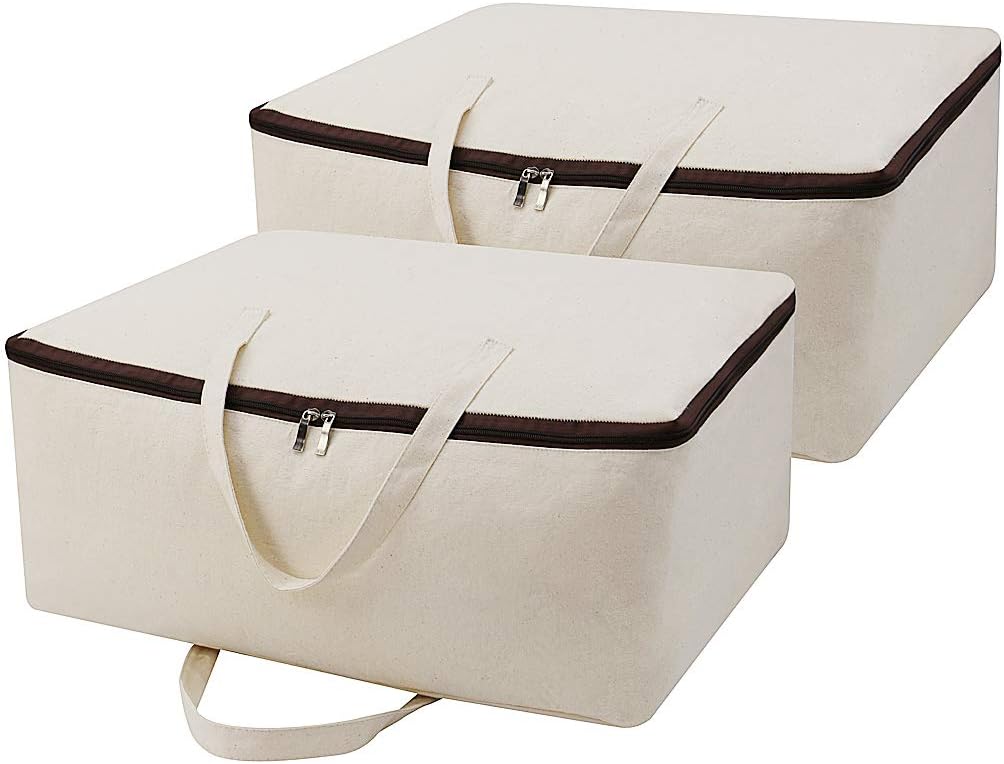 2-Pack Heavy Duty Canvas Cotton Storage Bags for King/Queen Duvets | Soft & Breathable | 3-Zip Opening, Dust Proof Blanket Organizer Bag | 23.6 * 8.7 * 17.7inches