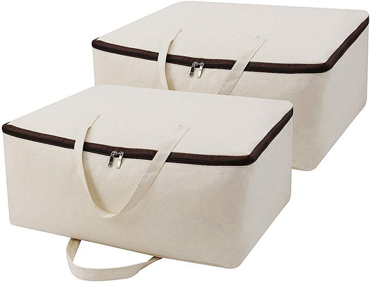 2-Pack Heavy Duty Canvas Cotton Storage Bags for King/Queen Duvets | Soft & Breathable | 3-Zip Opening, Dust Proof Blanket Organizer Bag | 23.6 * 8.7 * 17.7inches