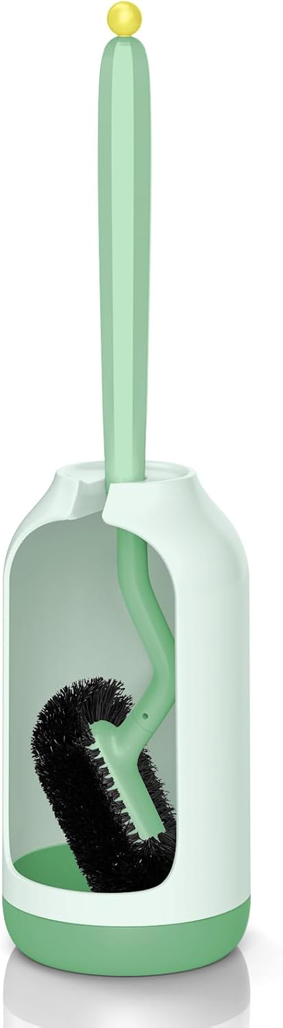 HAMITOR Toilet Bowl Brush Holder Set: Bathroom Deep Cleaning Toilet Cleaner Scrubber Under Rim with Curved Bristle for Dead Corner Clean - Hidden Rv Toilet Decorative Accessories with Caddy- White
