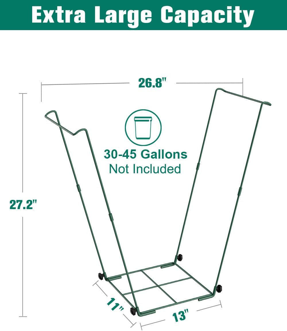 Outdoor Trash Bag Holder Stand - Heavy Duty Metal Garden Garbage Bag Support Frame for 30-45 Gallon Capacity, Multi-Use Portable Yard Leaf Bag Stand for Leaves, Weeding, Lawn Party, Green