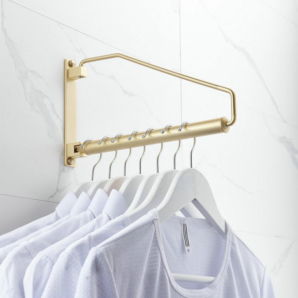 Folding Clothes Hanger Gold Brushed Drying Clothes Rack Wall-Mounted Space Saver for Laundry Room Closet, Brass, 12 Inch