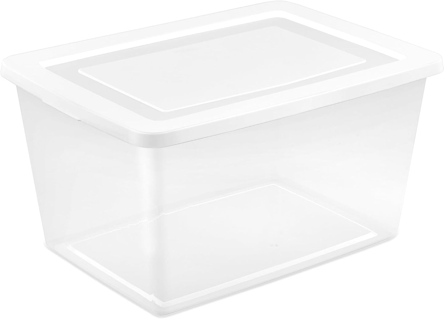 Sterilite 6 Pack Storage Box, 41 Quart Stackable Tote, Clear Plastic Container with Secure Snapping White Lids for Home and Office Organization