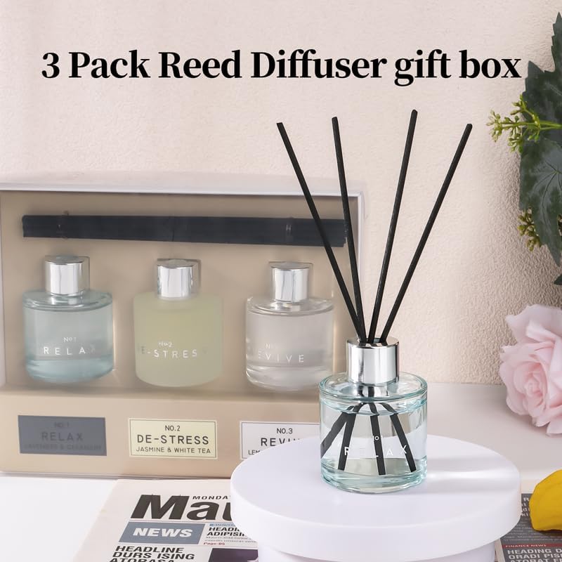 3 Pack Fragrance Reed Diffuser, 50ML Lavender Jasmine Lemongrass Aromatherapy Diffuser Set with 12 Black Fiber Sticks,Air Freshener for Bedroom Bathroom Office, 8.2X 6.6X 2.1 inch
