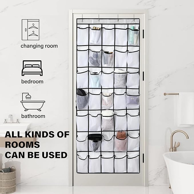 Over the Door Shoe Organizer,24 Mesh Pockets,Hanging Storage (White) | Large breathable mesh pockets for shoes, accessories,and small items,hanging storage holder for bedroom,closet,or entryway.