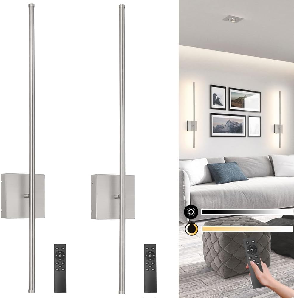 Battery Operated Wall Sconce Set of 2, Black USB Rechargeable Sconces Wall Deco Set of Two, Dimmable Cordless Wall Sconce with Remote Control, LED Wireless Wall Lighting,31.6 in