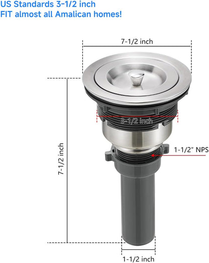 POPFLY 3-1/2 Inch Sink Drain Assembly Brushed 304 Stainless Steel Removable Deep Strainer Basket, Rust-Proof & Easy Install with Sealing Lid＆Tailpiece, for Home/Bathroom/Commercial Sinks