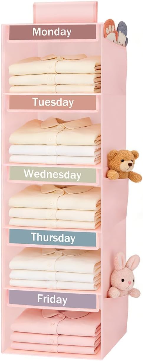 Weekly Clothes Organizer for Kids, 5-Shelf Kid Hanging Closet Organizer w/ 6 Side Pockets, Labeled Weekly Outfit Organizer for Kids, Days of The Week Clothes Organizer Monday Through Friday White