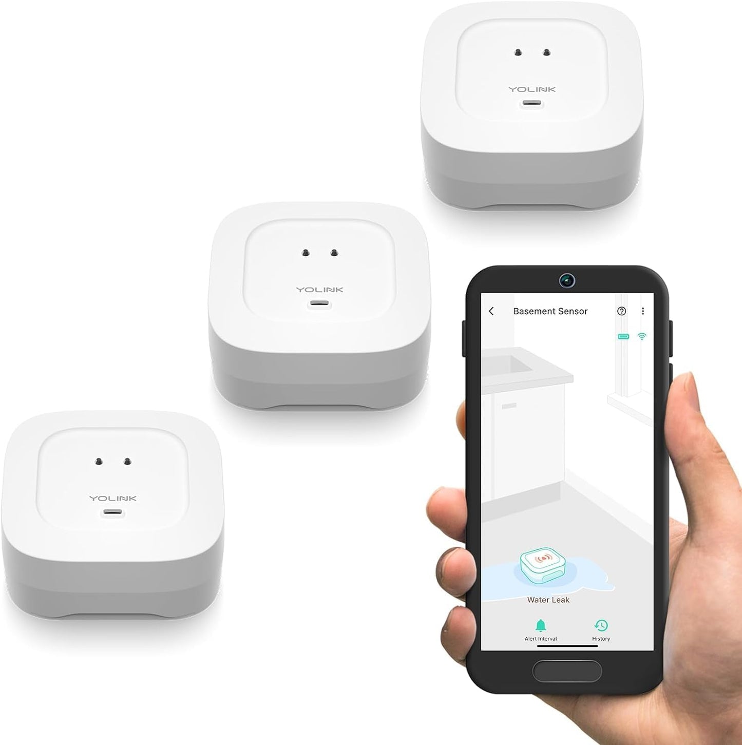 YoLink Water Leak Detector 4 with 105dB Audio Alarm, Freeze Warning, App Push, Email Alerts and Limited Text - Smart Water Sensor Alarm w/ Alexa, IFTTT - 1/4 Mile Long Range, Hub Required