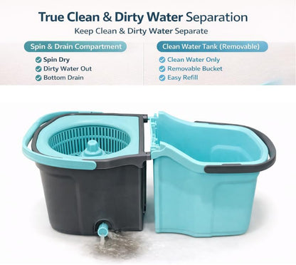 Casabella Spin Mop System with Extra Mop Head Refill - Two-Bucket Design with Splash Guard Built-in Measuring Cup and Scraper Tool with Easy Wring Pedal Spinner, 1.25-Gall (Mop)