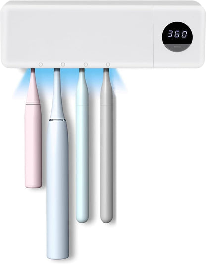 Cordless Toothbrush Holder, Toothbrush Cleaner with 4 Slots & 360s Timer Function, No-Drill Rechargeable Wall-Mounted Toothbrush Holders for Bathroom Family, White