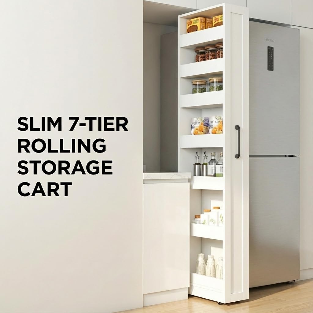 Slim Rolling Storage Cart, 6-Tier Pull-Out Spice Rack with Handle & Wheels, Narrow Kitchen Organizer for Next to Fridge, Pantry, Laundry Room,11.8 Inch Wide Space Saver（Black, With Side Panel)