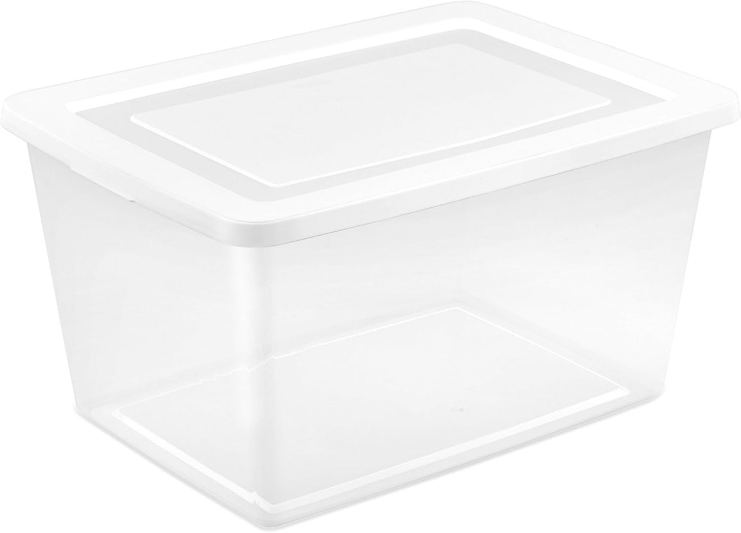 Sterilite 6 Pack Storage Box, 41 Quart Stackable Tote, Clear Plastic Container with Secure Snapping White Lids for Home and Office Organization