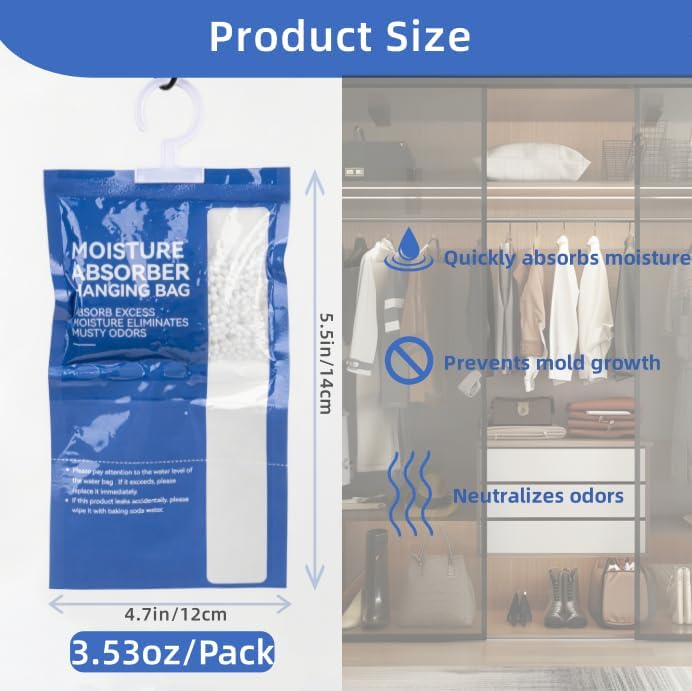 RAINFLOW Dehumidifier Bags Hanging Moisture Absorbers - 4 Packs Dehumidifiers for Home Closet Bathroom Basement, Hanging Bag Desiccant Packs for Bedroom RV Camper, Odor Absorber Household Essentials