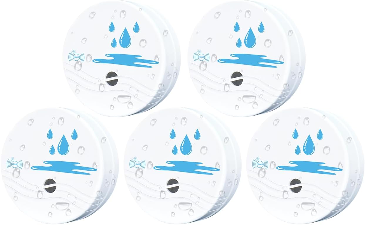 5 Pack Water Leak Detectors for Home, 100dB Waterproof Water Sensor Alarm Leak Detector for Basements, Bathrooms, Laundries, Sinks, and Windows(Battery Included)