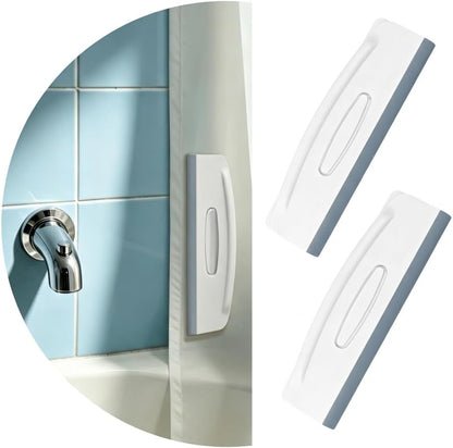 2-in-1 Shower Squeegee and Magnetic Shower Curtain Clips, All-in-One Silicone Squeegee for Glass Door with Splash Guard Clips, No-Drill Adhesive Water Guard for Bathroom, Gray/White, Pack of 2