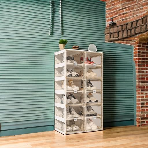 ANTBOX Collapsible Shoe Boxes Clear Plastic Stackable, Quick Setup Drop Front Shoe Organizer, Display Storage Cabinet for Sneakers10 Tiers 20 Pairs