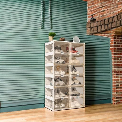 ANTBOX Collapsible Shoe Boxes Clear Plastic Stackable, Quick Setup Drop Front Shoe Organizer, Display Storage Cabinet for Sneakers10 Tiers 20 Pairs