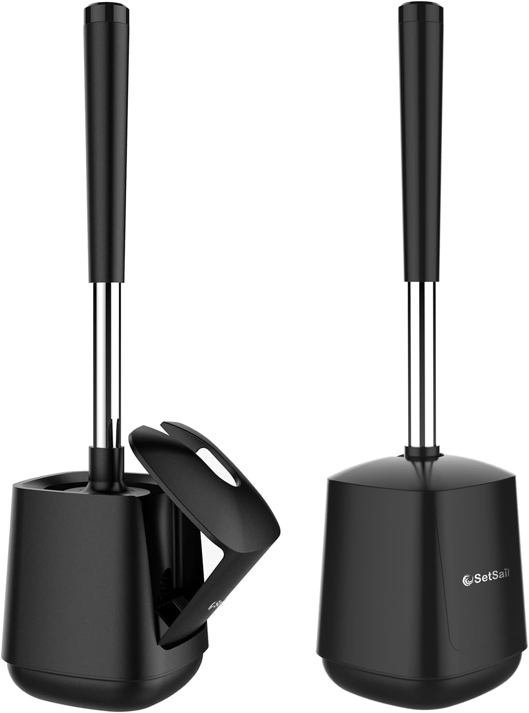 SetSail Toilet Brush and Holder, Self Closing Lid Toilet Bowl Brushes Holder and Extra Long Handle Ventilated Toilet Brush Set for Bathroom Cleaning, Nylon Bristles, Black