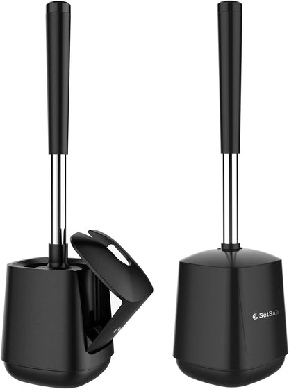 SetSail Toilet Brush and Holder, Self Closing Lid Toilet Bowl Brushes Holder and Extra Long Handle Ventilated Toilet Brush Set for Bathroom Cleaning, Nylon Bristles, Black