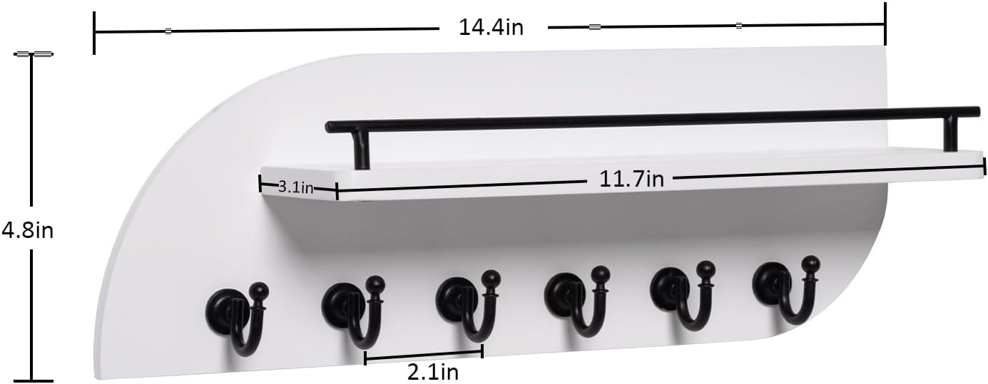 Key Holder for Wall, Decorative Key and Mail Organizer with 6 Sturdy Metal Hooks and Floating Shelf, 14 Inches Wood Wall Mounted Key Rack for Entryway, White and Gold