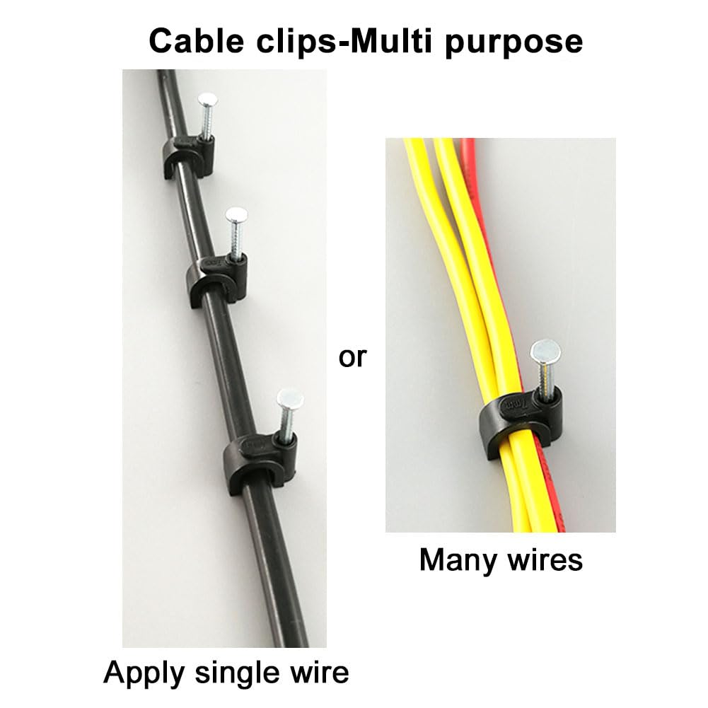 HS 7mm Ethernet Cat6 Cable Clips Clamps RG6 with Steel Nail (200 Pack) Wire Clips Black for Wall,Cord Management