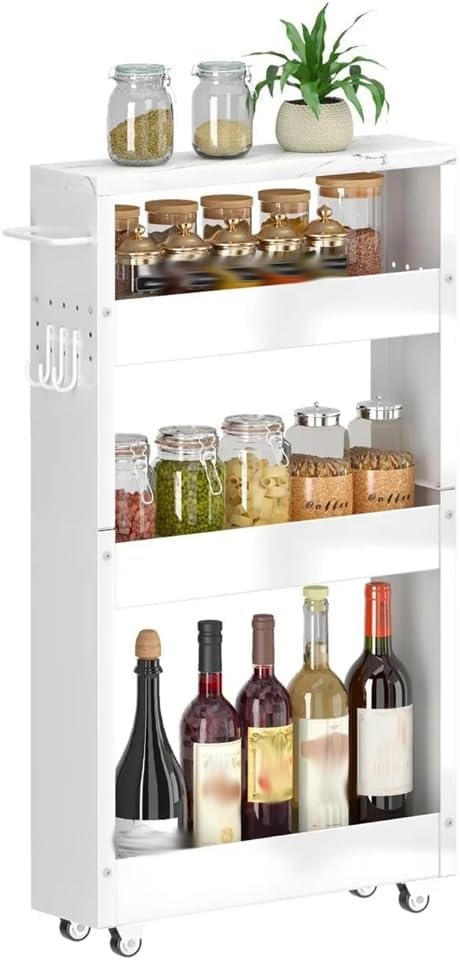 Slim Storage Cart, 5 in Width, 3-Tier White Rolling with Handle & Wooden Top