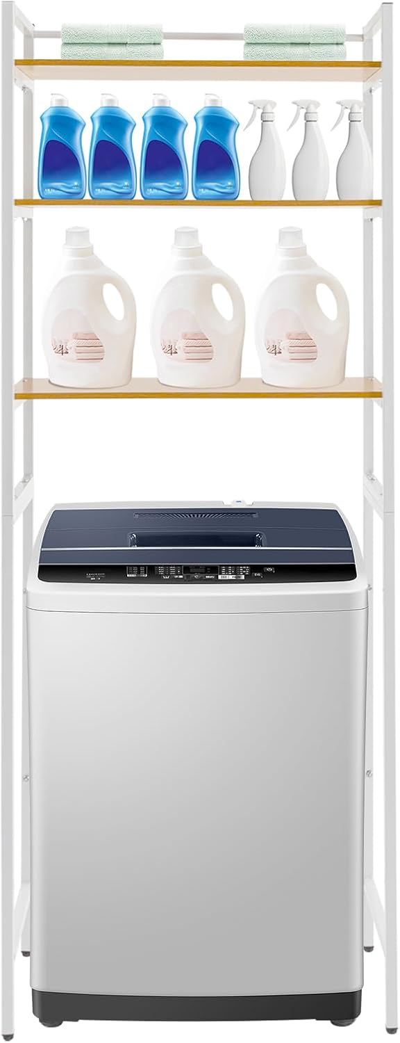 Over Washer and Dryer Storage Shelves, 3-Tier Freestanding Washing Machine Storage Rack with Adjustable Shelf for Laundry Room Bathroom Garage, W27.2*D11.8*H71.3in (White)